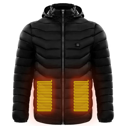 Heated puffer jacket with 9 heating zones, adjustable hood, and insulation for skiing in cold weather