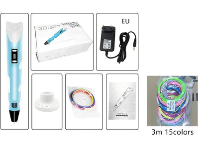 Yellow Children's 3D Printing Pen with USB, base, and 3m 3-colour consumables for three-dimensional drawing