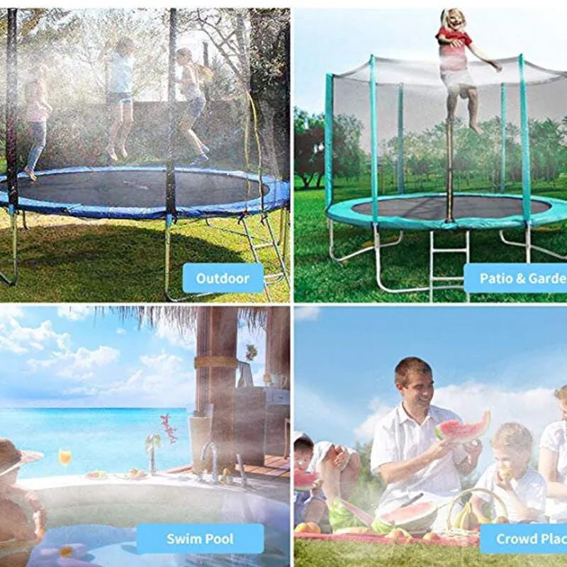 Blue portable garden sprinkler with solar panel for water cooling, showing PVC construction and length options