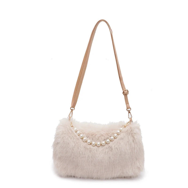 Autumn and winter pearl chain crossbody bag in plush material, available in multiple colours