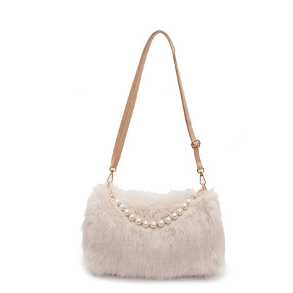 Autumn and winter pearl chain crossbody bag in plush material, available in multiple colours