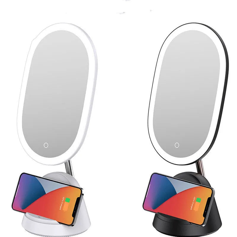 White and black desktop makeup mirror lamp on a table, showing mirror and light.