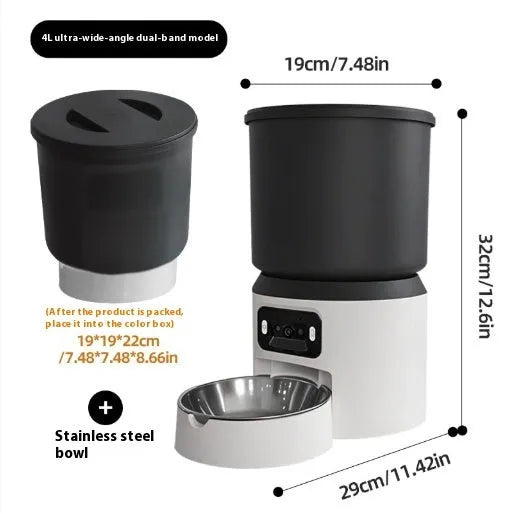 4-litre smart pet feeder with smartphone app showing remote control and video feed.