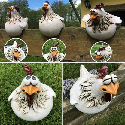 Vibrant resin chicken garden decor with comical expressions, adding a touch of Kiwi charm to outdoor spaces