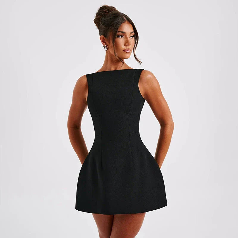 Stylish backless mini dress in various colors, featuring a high-waisted, sleeveless design perfect for warm weather wear.