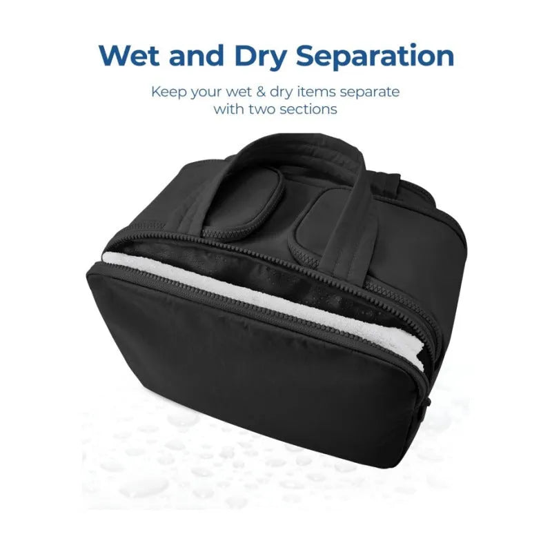 Large fluffy travel toiletry bag in creamy-white, shown wide open with dimensions 29.97 by 18.54 by 21.08 cm.
