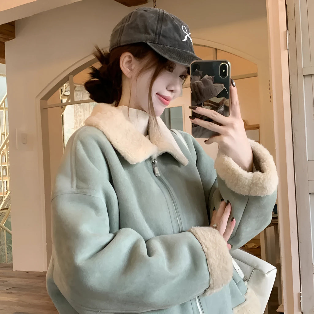 Korean-style loose fit thick chenille coat for women in light blue, distressed detailing, full length front view
