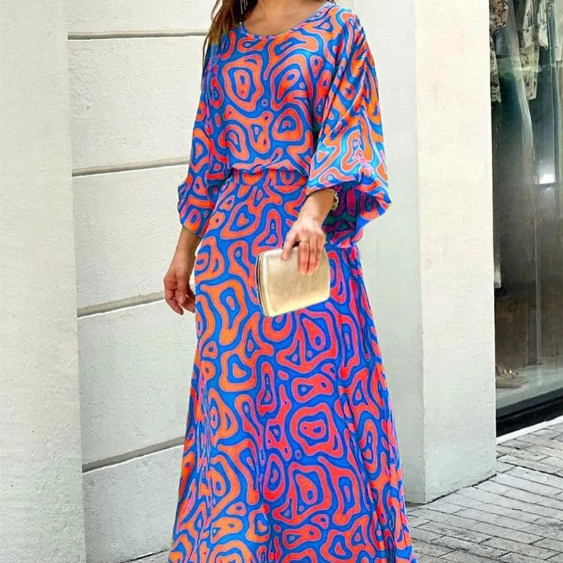 Women's loose printed long sleeve top and high waist long skirt set in various colours