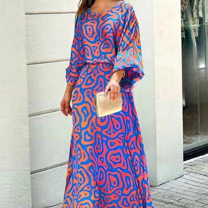 Women's loose printed long sleeve top and high waist long skirt set in various colours