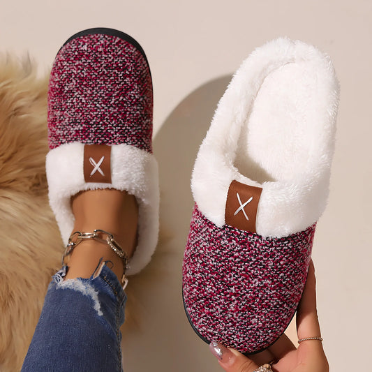 Winter plush slippers with thick sole and anti-slip pattern in burgundy colour