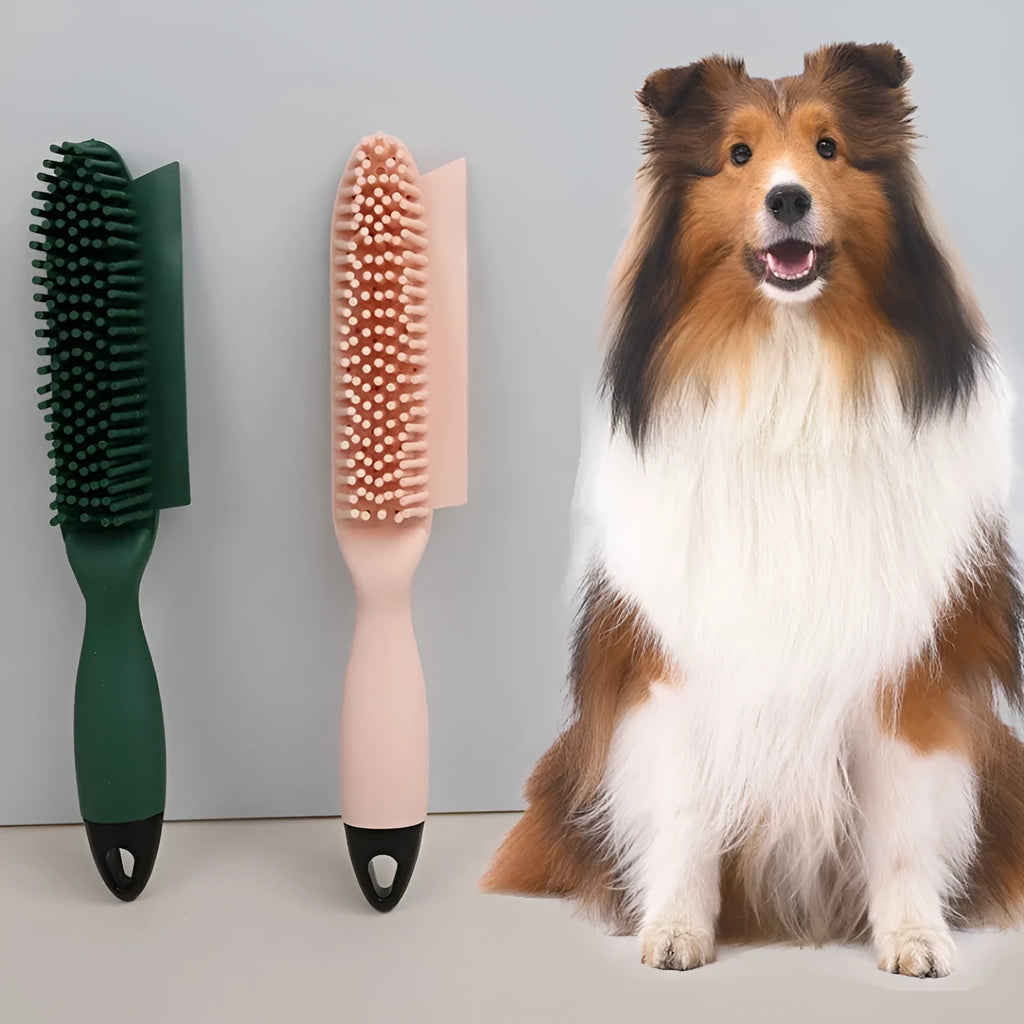 Green dog brush with grooming comb, massage pins, and removable sticky roller for pet hair removal