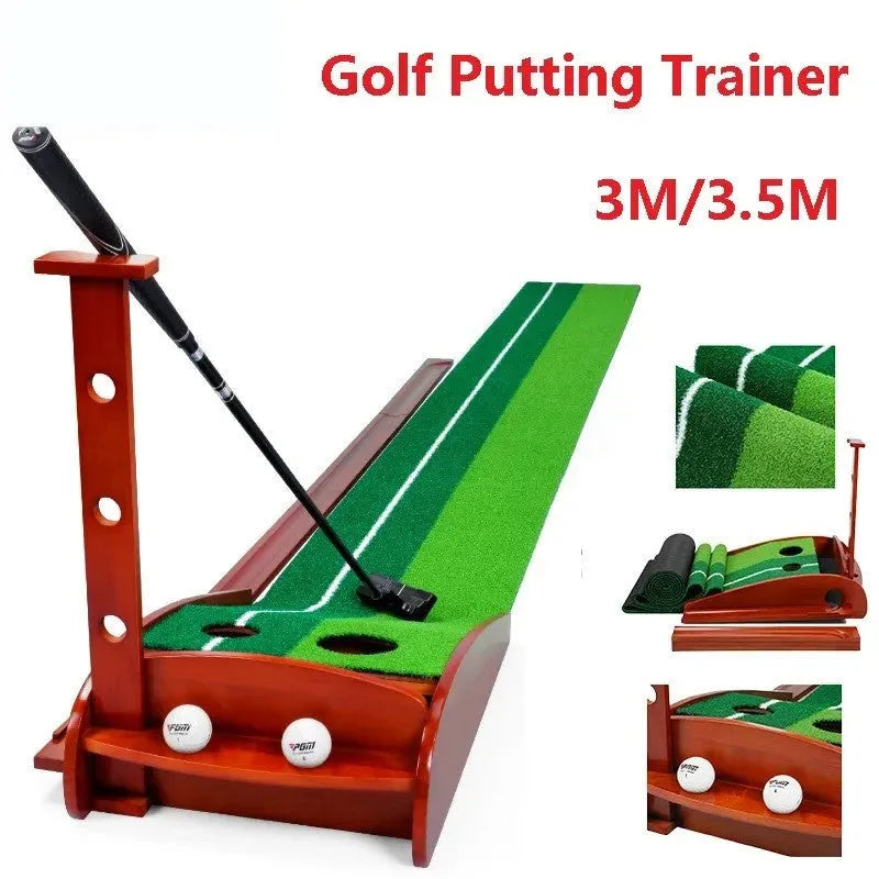 Indoor golf putting practice mat with solid wood frame and dual holes on artificial grass surface.