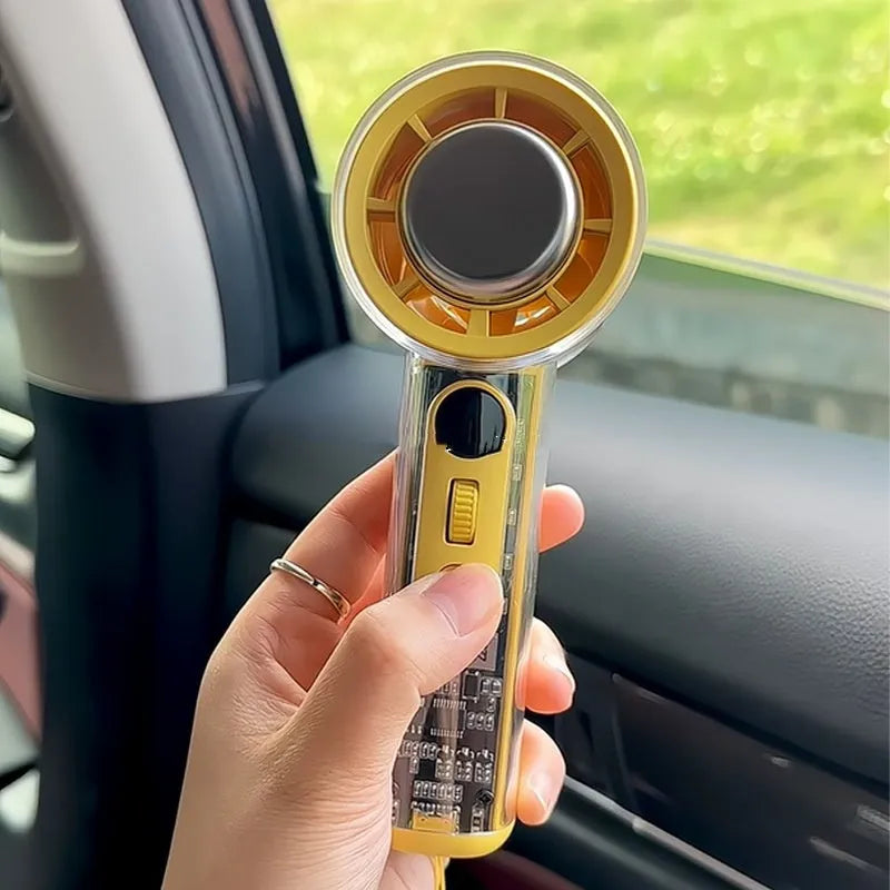 Small handheld fan with ice compress function in black, white, or yellow colours, showing portable size.