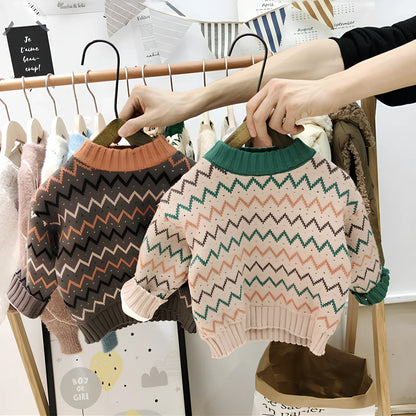 Children's long-sleeve wool sweater in apricot or brown, sizes 90-140cm with measurements length 36-52cm bust 54-74cm sleeve 31-47cm