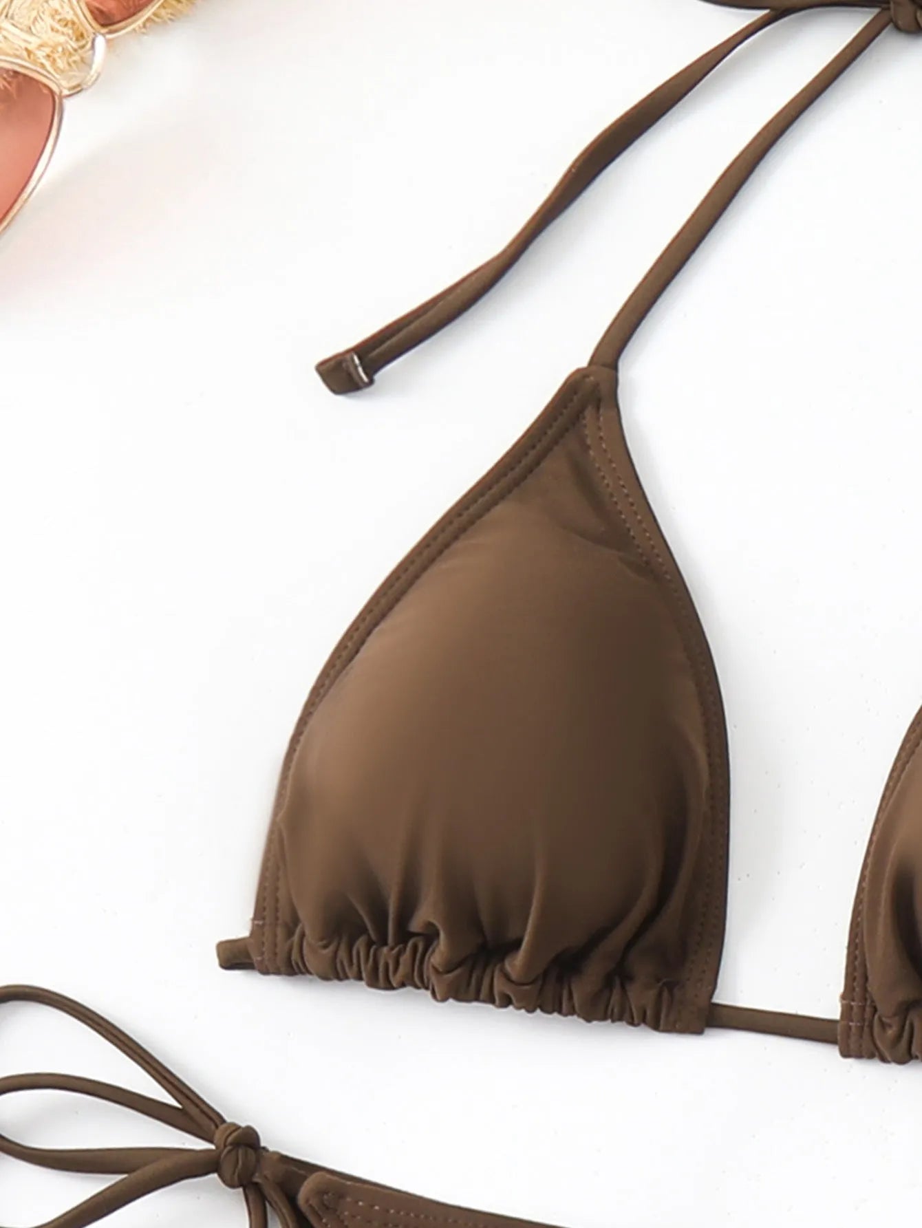 Brown three-piece women's bikini set with split shorts and matching blouse