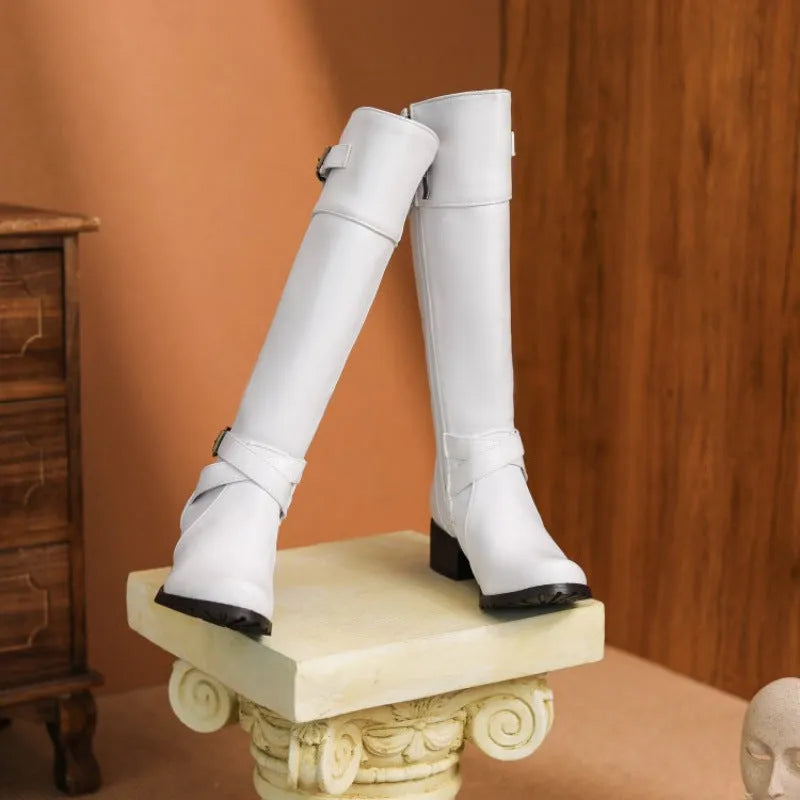 Women's belt buckle plus size high leg boots in khaki, round toe, mid heel, artificial PU upper, sizes 34-45