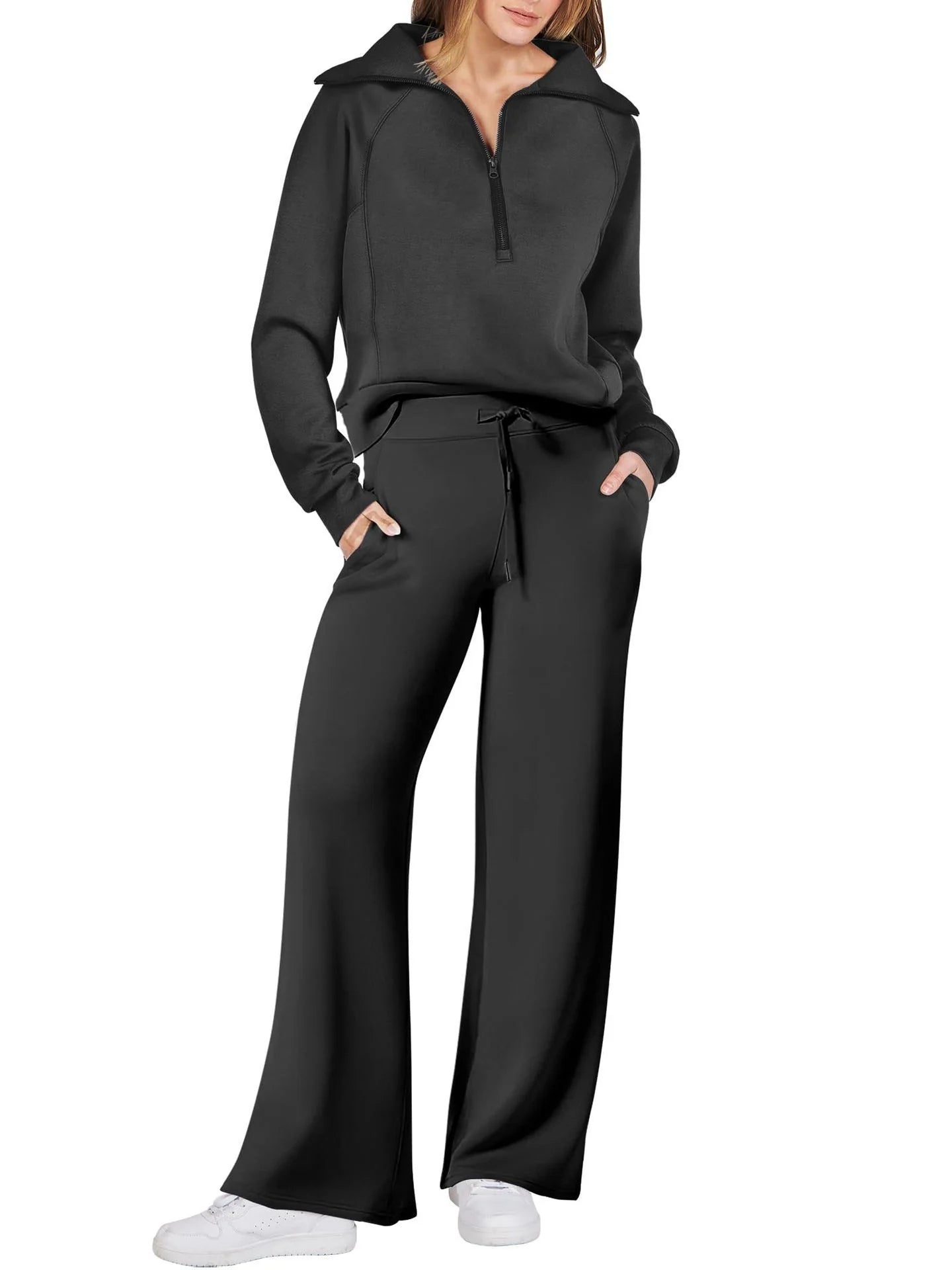 Women's leisure sports suit with long-sleeve zipper sweatshirt and wide leg pants in various colours