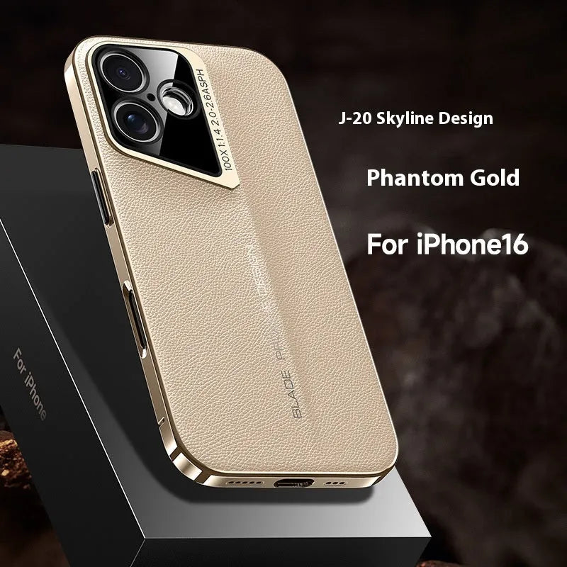 Fashion electroplated plain leather phone case in Phantom Gold for iPhone 15 Pro Max