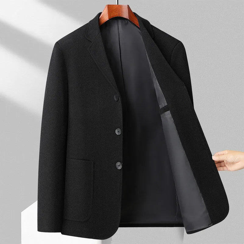 Men's solid colour loose fit wool blend coat for spring and autumn casual wear.