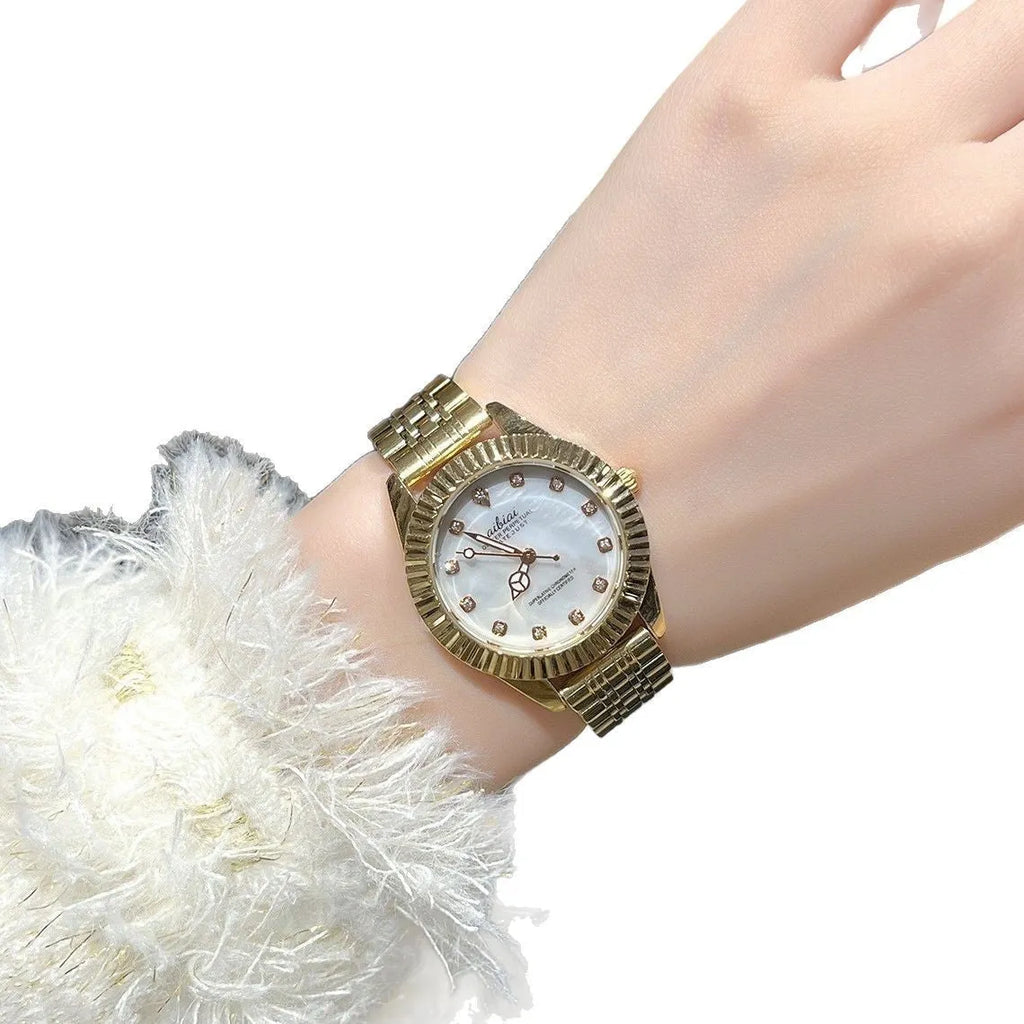 Steel watch for women with rose shell dial and black leather strap