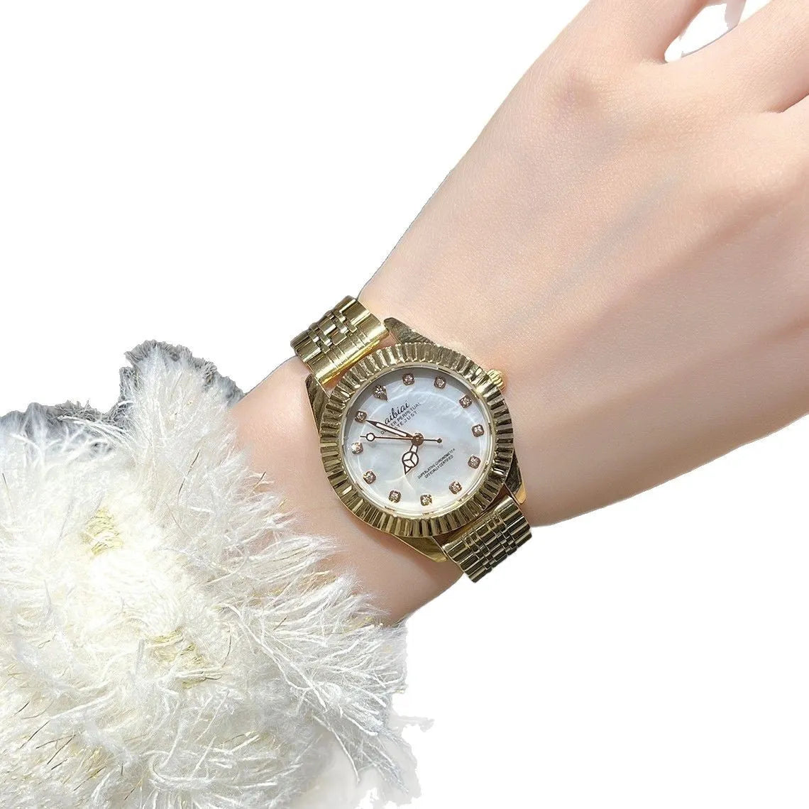 Steel watch for women with rose shell dial and black leather strap