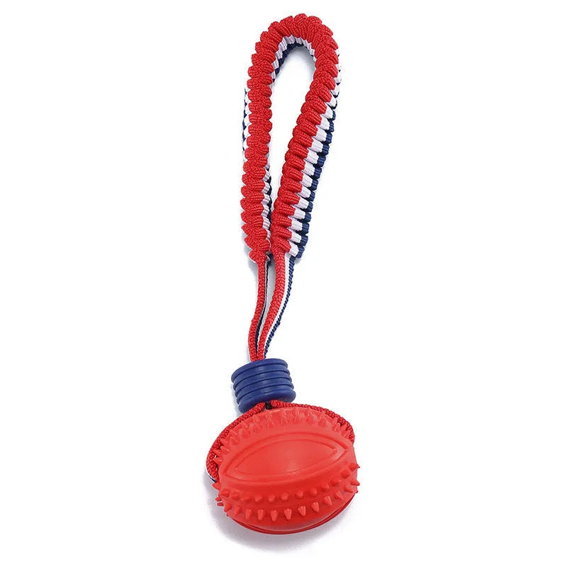 Blue dog ball with rope toy showing textured rubber ball and rope handle