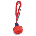 Blue dog ball with rope toy showing textured rubber ball and rope handle