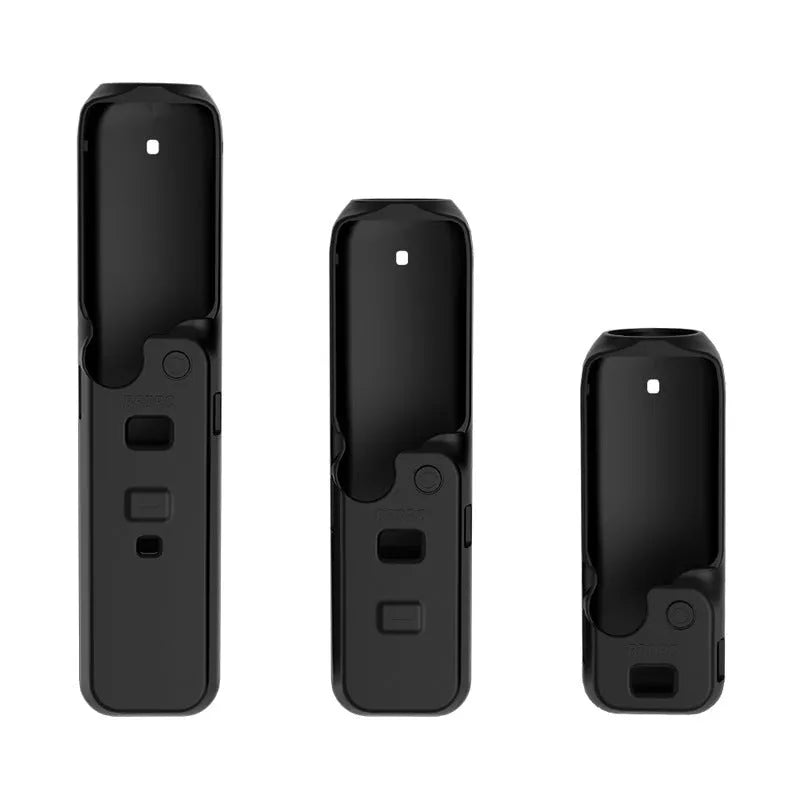 Silicone protective cover for camera body in black, red, and orange colours showing non-slip texture