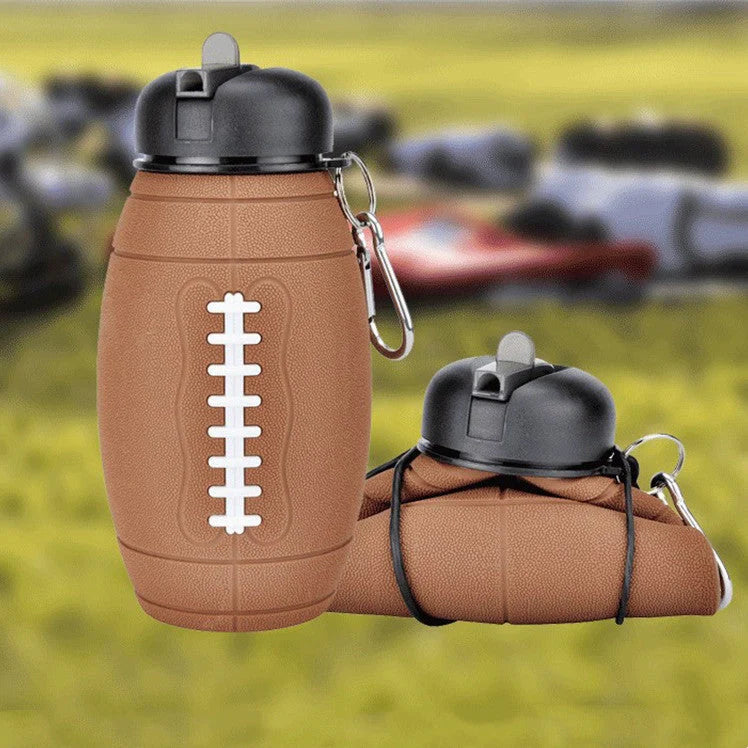 Brown rugby-shaped collapsible water bottle with leak-proof seal