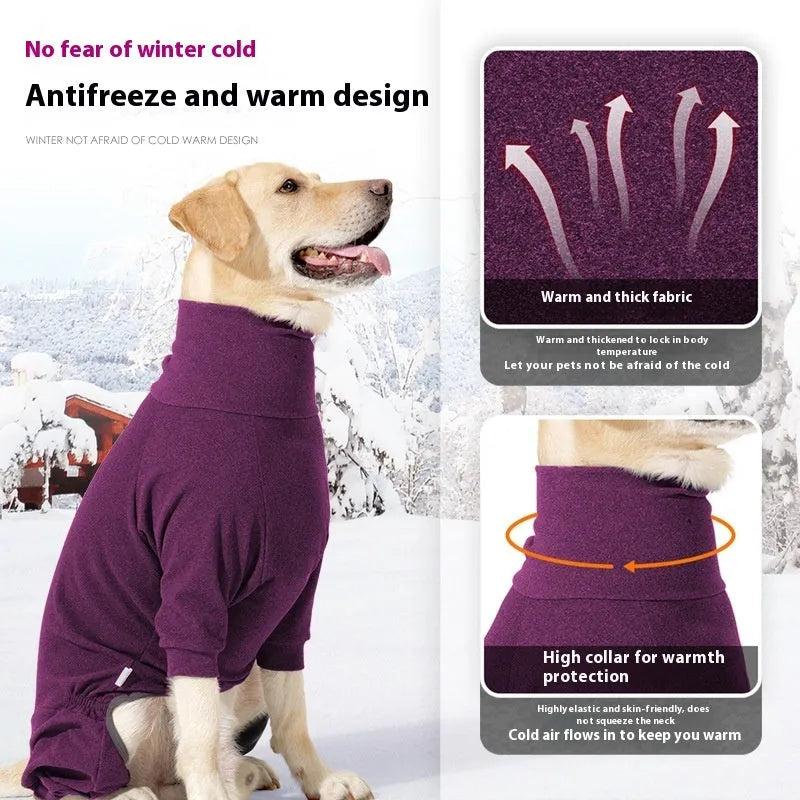 Dark grey polar fleece dog coat with a high collar on a dog, showing the size range from XS to XXXL.