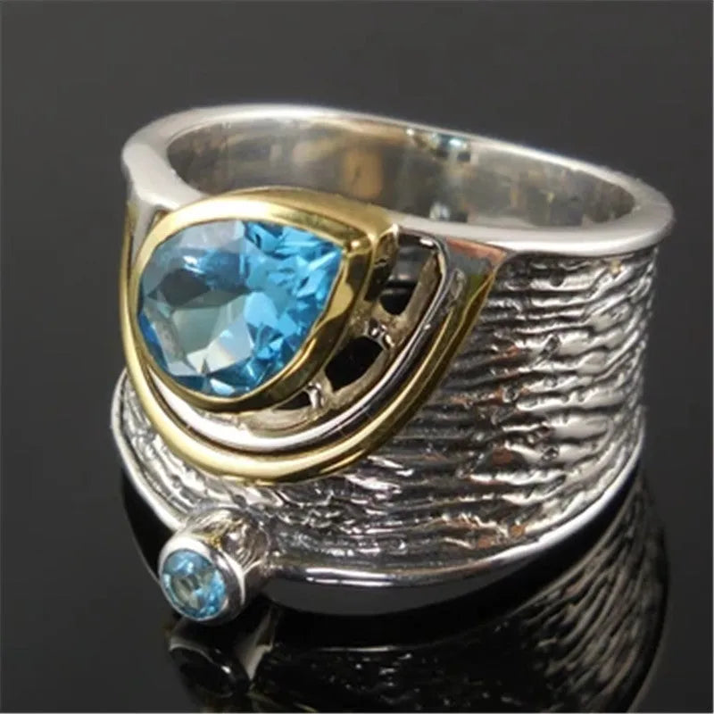 Women's Chinese style blue zircon ring with drop shape design and alloy metal construction