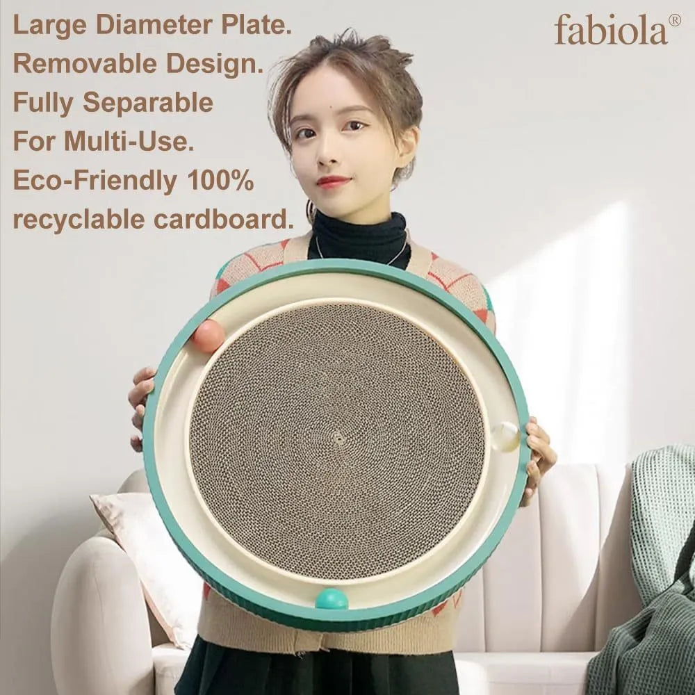 Green and white cat scratching board with bell balls and replaceable cardboard core for furniture protection