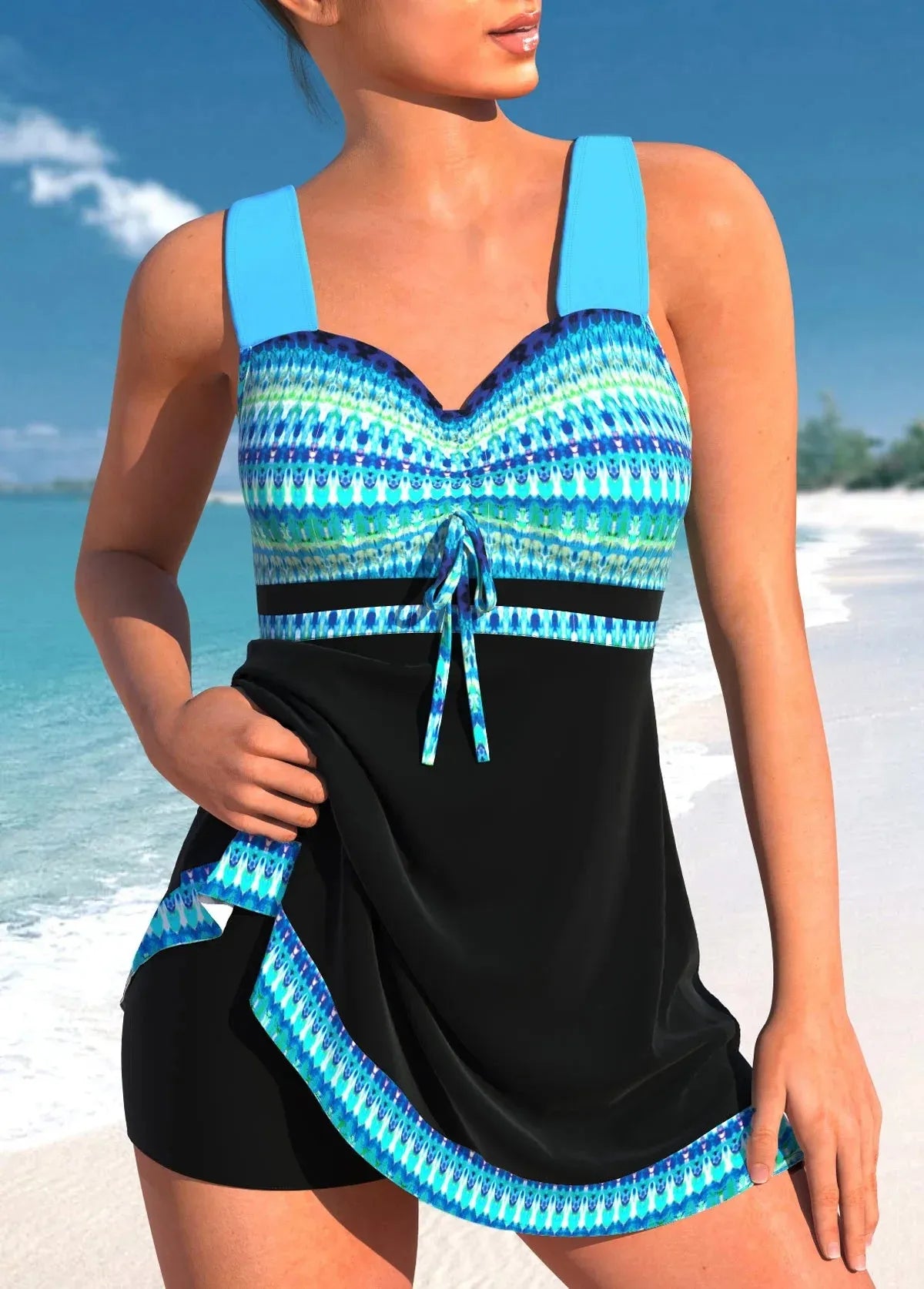 Plus size woman modelling a blue split skirt bikini swimsuit with backless design.