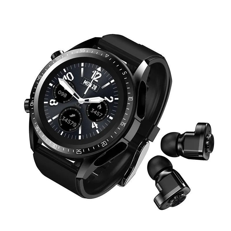 Black smartwatch with silicone strap showing blood pressure and SpO2 readings on its screen.