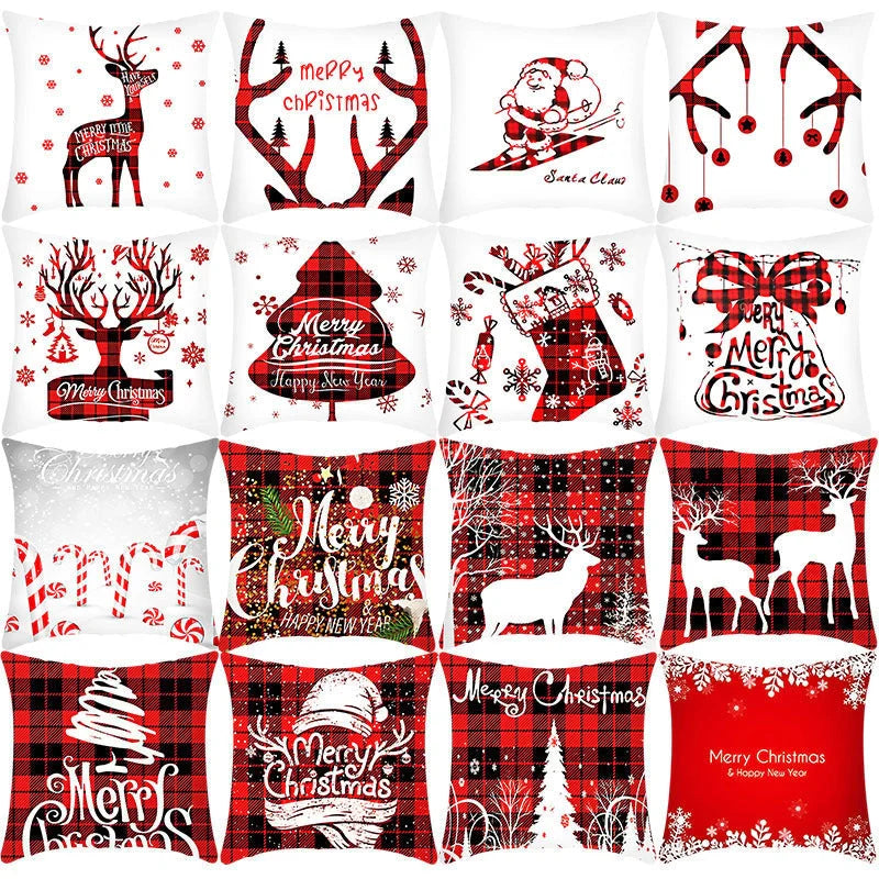 Merry Christmas cushion cover with Elk and Santa Claus design in plush material