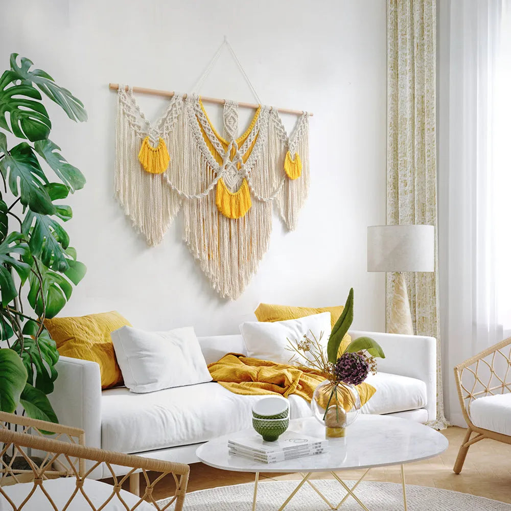 Nordic style hand-woven cotton tapestry wall hanging creamy-white yellow 120cm by 95cm rectangle