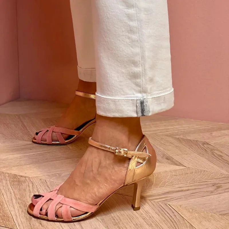 Plus size women's peep toe sandals with over-the-knee sock length and a buckle strap.
