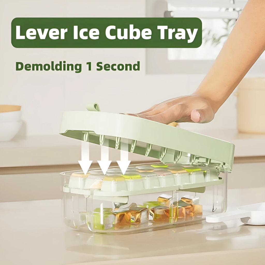 Colourful high-capacity ice cube tray with grid design and an ice shovel stored in its slot.