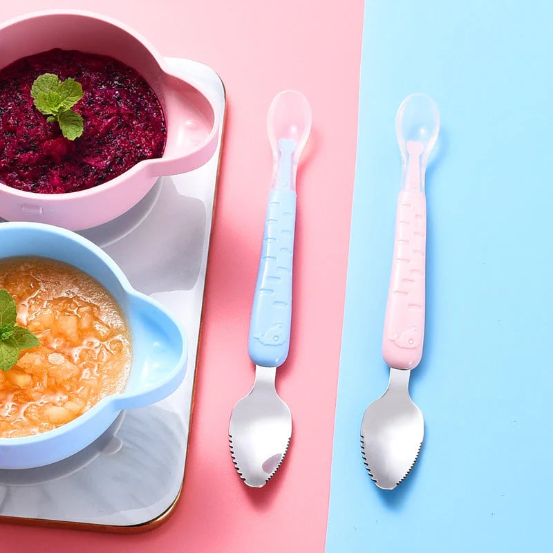 Baby Fruit Double-headed Mud Scraping Spoon in stainless steel with colorful options