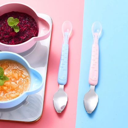 Baby Fruit Double-headed Mud Scraping Spoon in stainless steel with colorful options