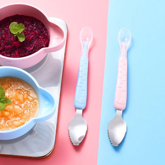 Baby Fruit Double-headed Mud Scraping Spoon in stainless steel with colorful options