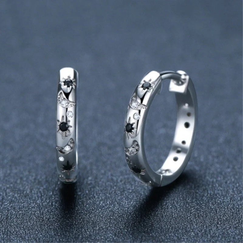 French Inlaid Zircon Star and Moon Earrings in black with U-shaped design