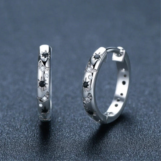 French Inlaid Zircon Star and Moon Earrings in black with U-shaped design