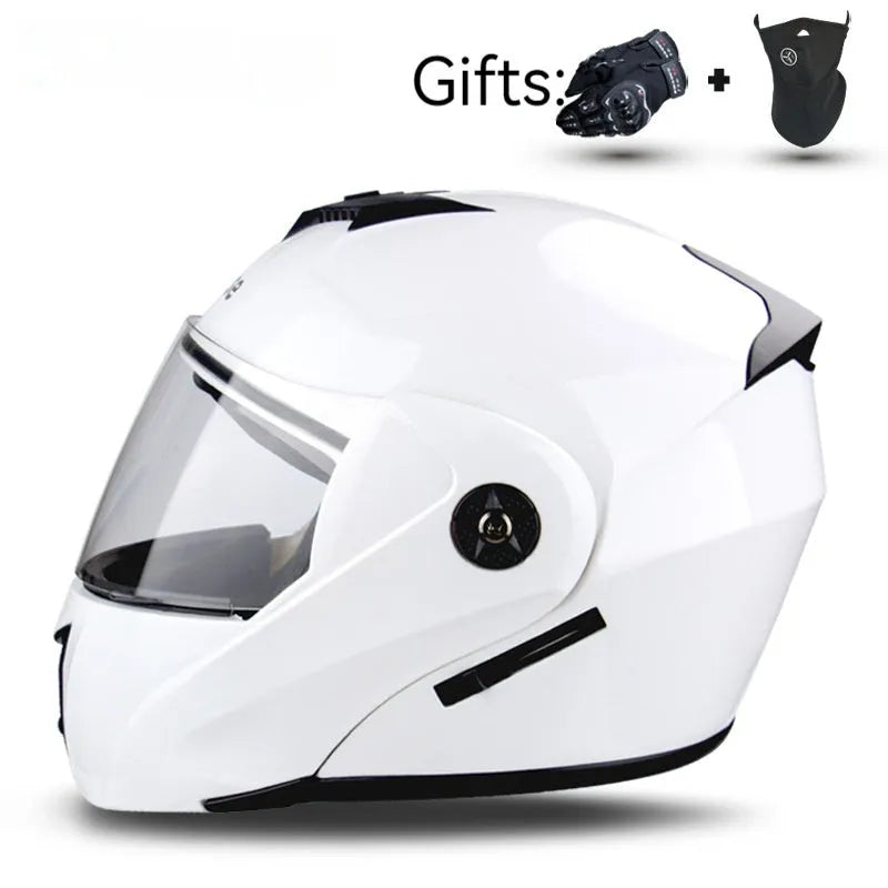 Electric motorcycle helmet with exposed double lens on an ABS plastic shell in a choice of colours.