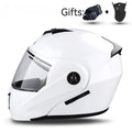 Electric motorcycle helmet with exposed double lens on an ABS plastic shell in a choice of colours.