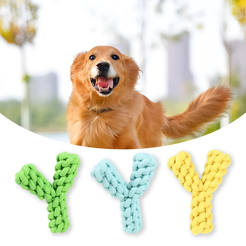 Blue Y-shaped cotton rope dog chew toy for large breeds on a white background.