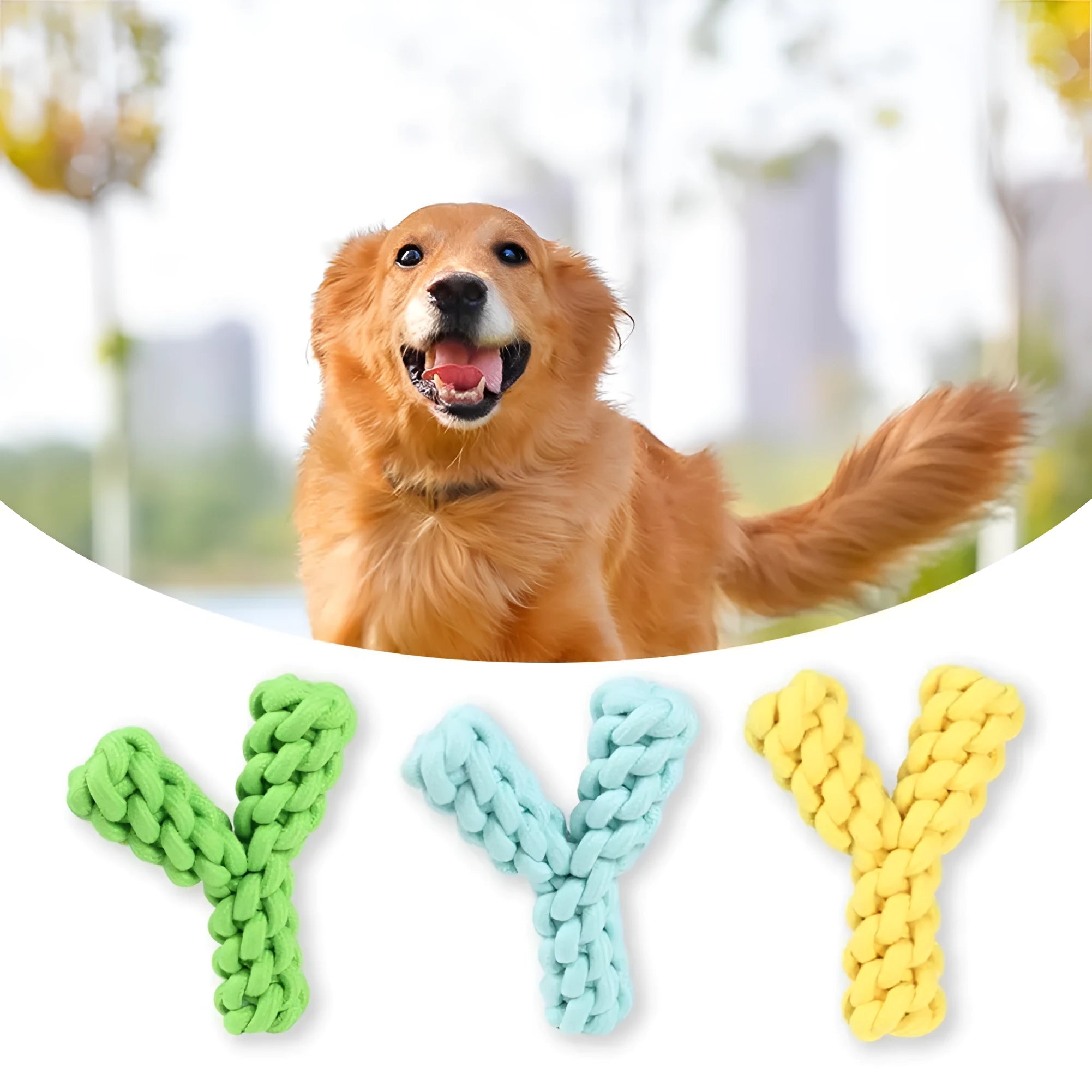 Blue Y-shaped cotton rope dog chew toy for large breeds on a white background.