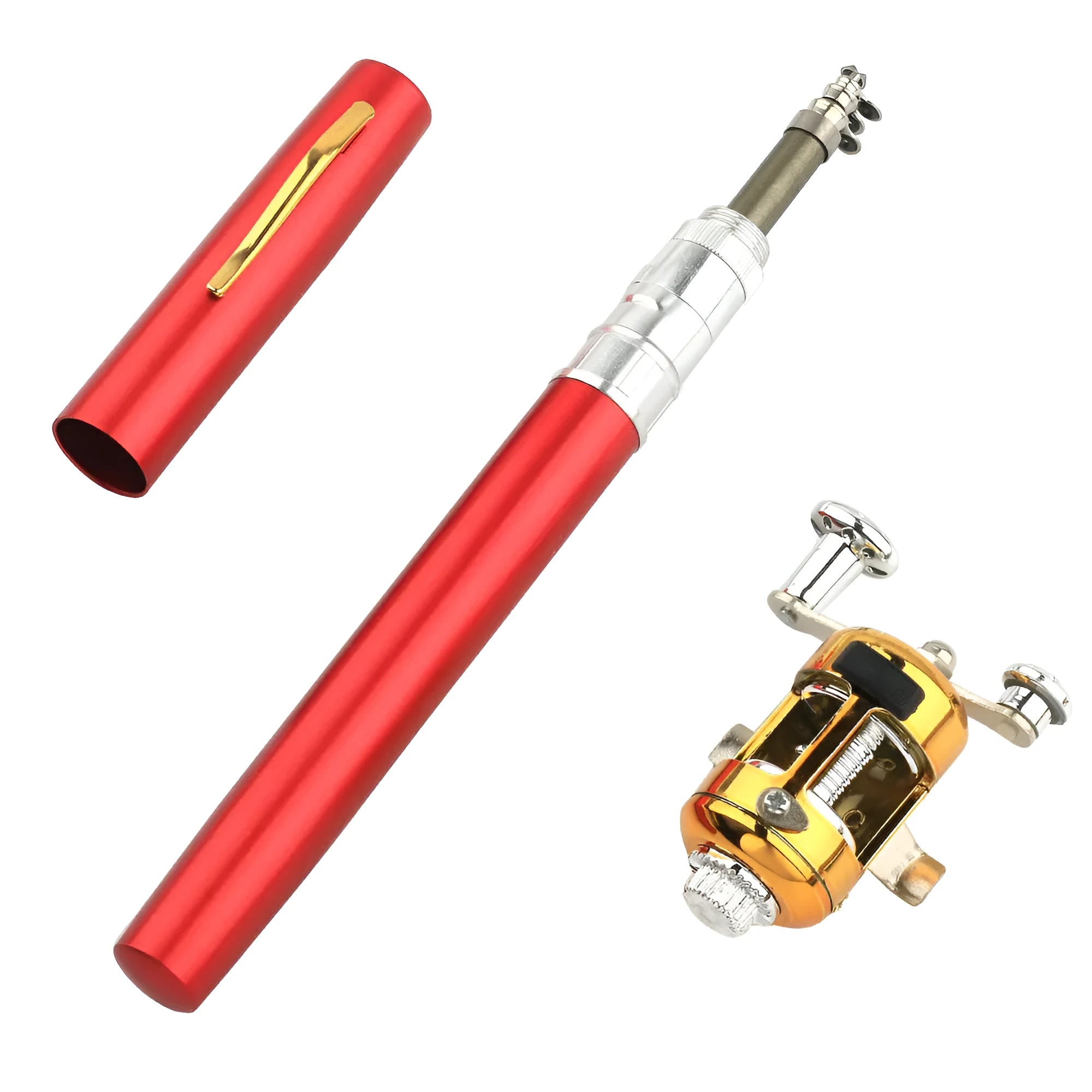 Compact telescopic fishing rod kit retracted in aluminium pen case next to its ST5RL drum.