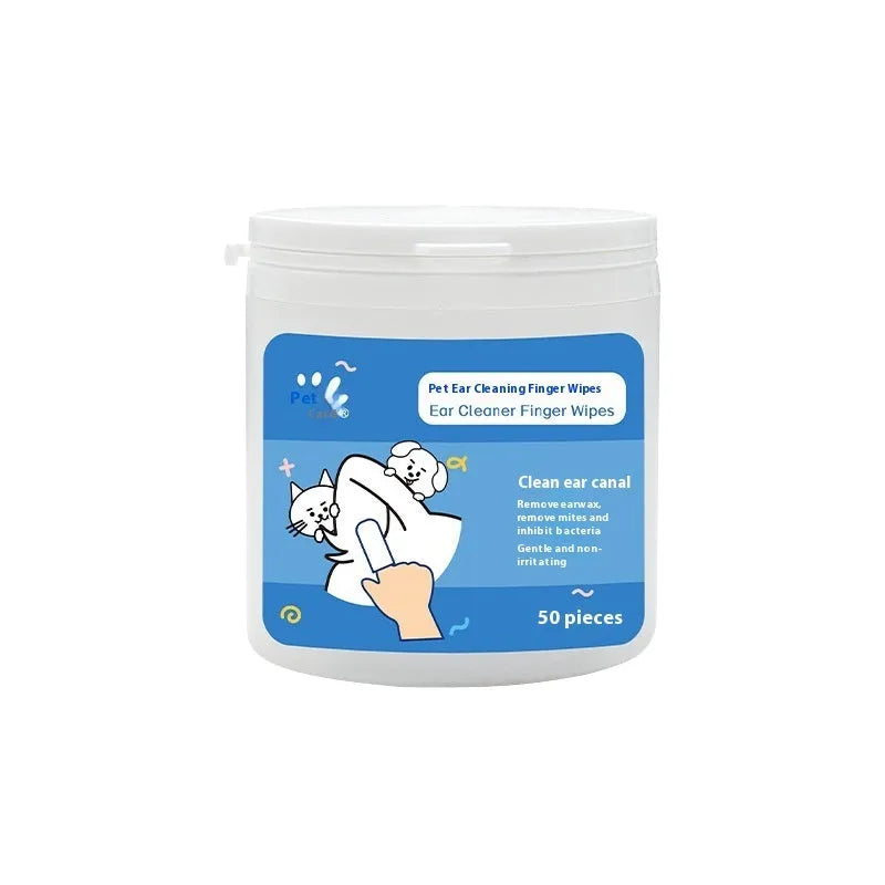 Box of disposable pet cleaning wipes for dog and cat ear care and tooth cleaning, showing 50 ear wipes and 50 tooth wipes