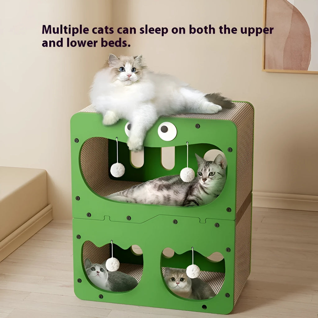 Double layer cat scratching post with attached cat nest in owl design style